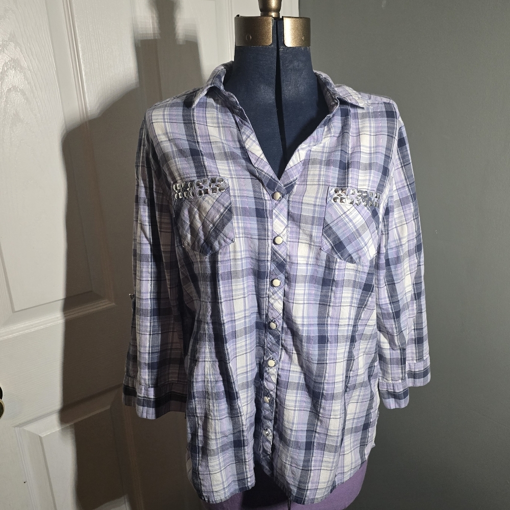 Plaid Button-Up Shirt - Purple and White